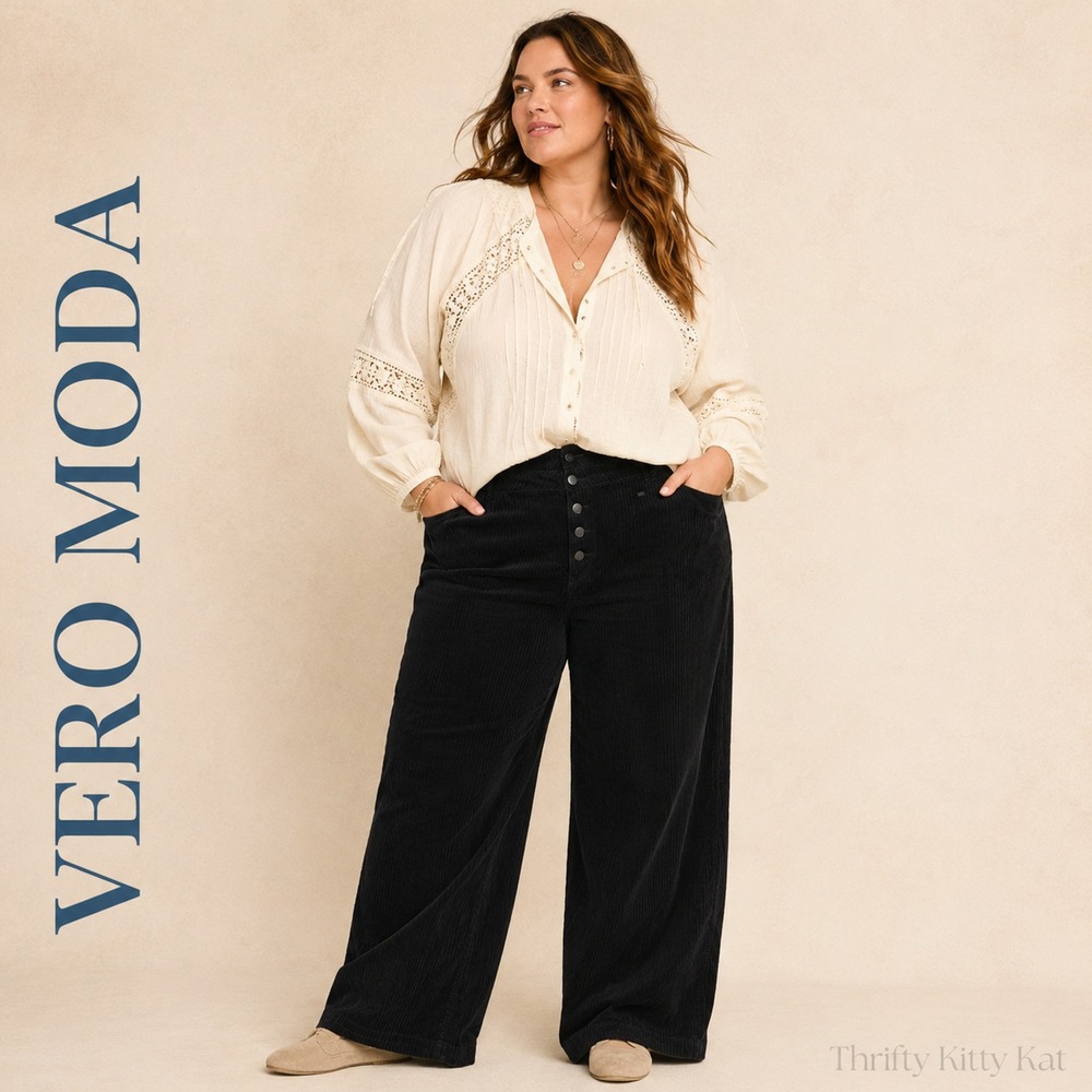 Vero Moda Curve Kathy Super High Rise Wide Leg Corduroy Pants Black 20W/32L NWT